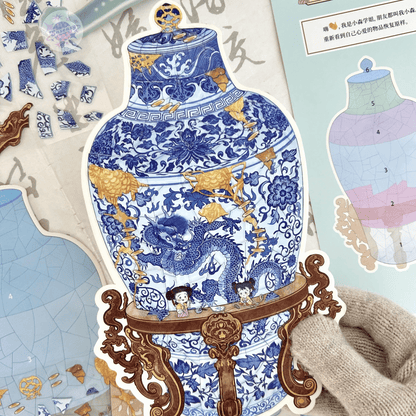 Plus Antique Restoration – 3D Miniature Scene Stickers – 6 Theme: Golden Bowl | Wishful Vase | Ancient Censer | Vintage Wine Pot | Blue-and-White Porcelain Vase | Phoenix Crown
