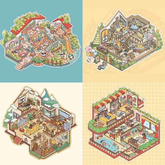 Dreamy Fairy Tale World Corner – 3D Sticker Scenes - 6 Theme Sets: Panda Villa | Birthday Party | Winter Warm Home | Cute Girl's Home | Cute Girl's Cottage | Cute Girl's Fruit Shop - SNSEASY