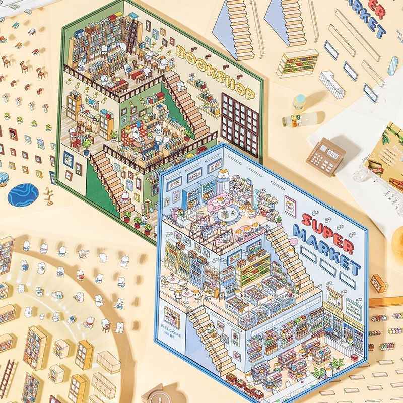 3-Story Grand Buildings 3.0 – Animal Business Simulation 3D Room Stickers Scene - 4 Theme Sets: Hamster Supermarket | Bunny Bookstore | Fox Hot Pot | Cat Villa - SNSEASY