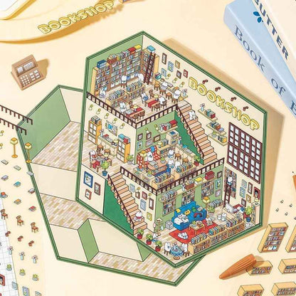 3-Story Grand Buildings 3.0 – Animal Business Simulation 3D Room Stickers Scene - 4 Theme Sets: Hamster Supermarket | Bunny Bookstore | Fox Hot Pot | Cat Villa - SNSEASY