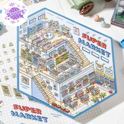 3-Story Grand Buildings 3.0 – Animal Business Simulation 3D Room Stickers Scene - 4 Theme Sets: Hamster Supermarket | Bunny Bookstore | Fox Hot Pot | Cat Villa - SNSEASY