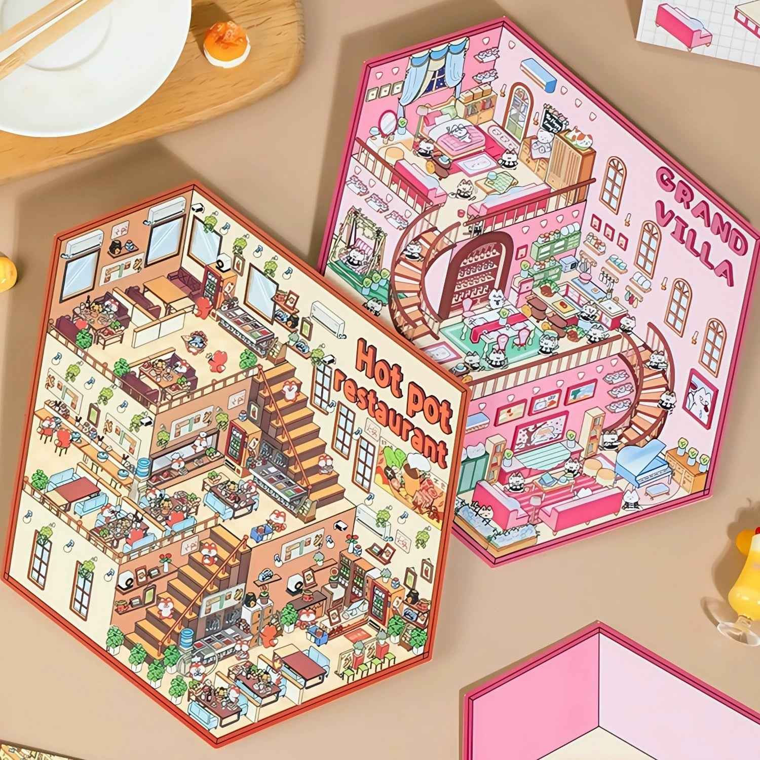 3-Story Grand Buildings 3.0 – Animal Business Simulation 3D Room Stickers Scene - 4 Theme Sets: Hamster Supermarket | Bunny Bookstore | Fox Hot Pot | Cat Villa - SNSEASY