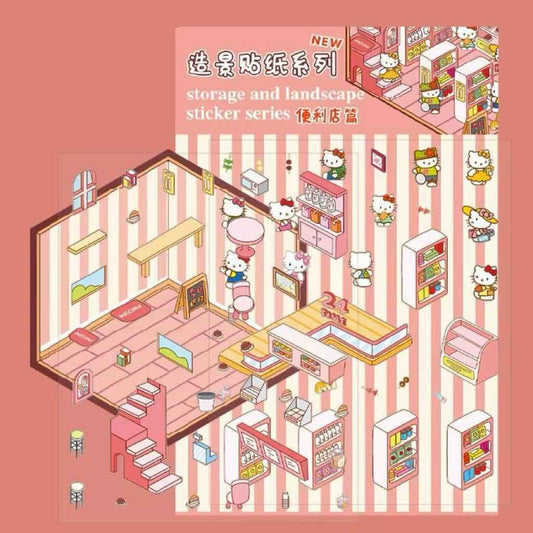 Cute Sanrio – 3D Isometric Room Stickers Scene 4 Themes: Hello Kitty Convenience Store | Kuromi Café | My Melody Pink Cottage | Frozen Princess Cottage - SNSEASY