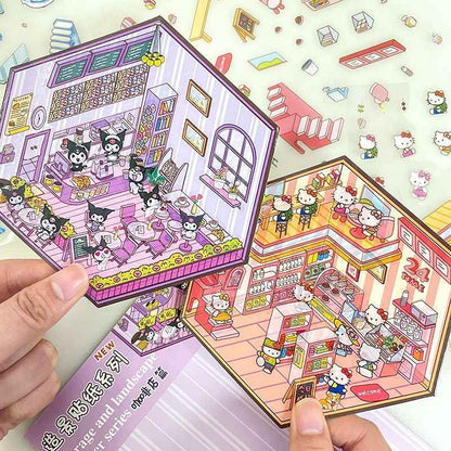 Cute Sanrio – 3D Isometric Room Stickers Scene 4 Themes: Hello Kitty Convenience Store | Kuromi Café | My Melody Pink Cottage | Frozen Princess Cottage - SNSEASY