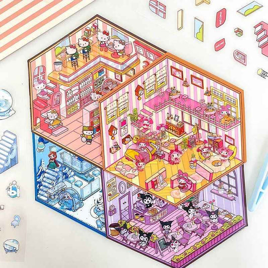 Cute Sanrio – 3D Isometric Room Stickers Scene 4 Themes: Hello Kitty Convenience Store | Kuromi Café | My Melody Pink Cottage | Frozen Princess Cottage - SNSEASY