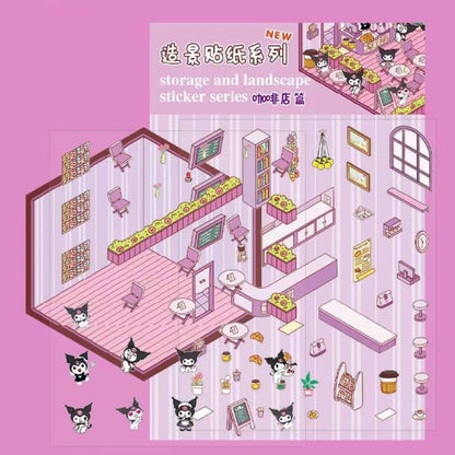 Cute Sanrio – 3D Isometric Room Stickers Scene 4 Themes: Hello Kitty Convenience Store | Kuromi Café | My Melody Pink Cottage | Frozen Princess Cottage - SNSEASY