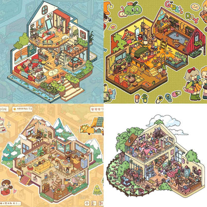 Girls' Dream Homes & Friendship – 3D Isometric Room Stickers Scene 4 Themes: Girls' Dream Villa | Cute Girls' Day | Girls' Country Cottage | Girls' Christmas Party - SNSEASY