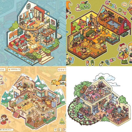 Girls' Dream Homes & Friendship – 3D Isometric Room Stickers Scene 4 Themes: Girls' Dream Villa | Cute Girls' Day | Girls' Country Cottage | Girls' Christmas Party - SNSEASY