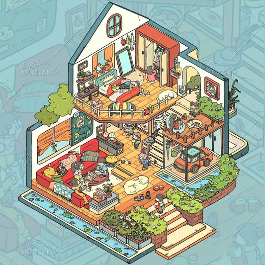 Girls' Dream Homes & Friendship – 3D Isometric Room Stickers Scene 4 Themes: Girls' Dream Villa | Cute Girls' Day | Girls' Country Cottage | Girls' Christmas Party - SNSEASY