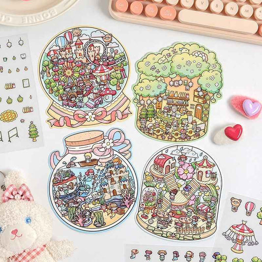 Mystical Bottle World – 3D Isometric Room Stickers Scene 4 Themes: Underwater Castle | Treehouse | Crystal Amusement Park | Green House - SNSEASY