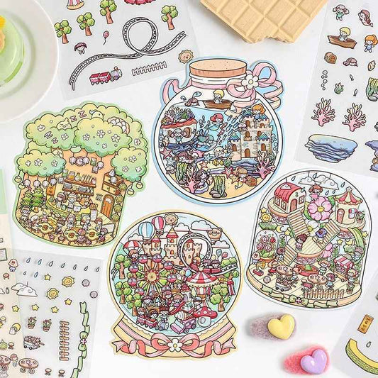 Mystical Bottle World – 3D Isometric Room Stickers Scene 4 Themes: Underwater Castle | Treehouse | Crystal Amusement Park | Green House - SNSEASY