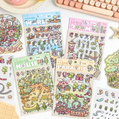 Mystical Bottle World – 3D Isometric Room Stickers Scene 4 Themes: Underwater Castle | Treehouse | Crystal Amusement Park | Green House - SNSEASY