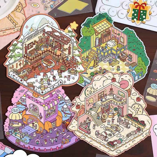 Four Seasons Fairytale Cottage Stickers Scene – 4 Themes: Spring Two-Story Cottage | Summer Candy House | Autumn Pumpkin House | Winter Christmas Cottage - SNSEASY