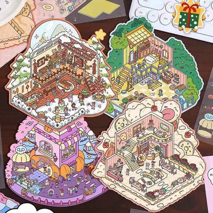 Four Seasons Fairytale Cottage Stickers Scene – 4 Themes: Spring Two-Story Cottage | Summer Candy House | Autumn Pumpkin House | Winter Christmas Cottage - SNSEASY