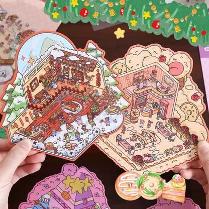 Four Seasons Fairytale Cottage Stickers Scene – 4 Themes: Spring Two-Story Cottage | Summer Candy House | Autumn Pumpkin House | Winter Christmas Cottage - SNSEASY