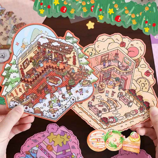 Four Seasons Fairytale Cottage Stickers Scene – 4 Themes: Spring Two-Story Cottage | Summer Candy House | Autumn Pumpkin House | Winter Christmas Cottage - SNSEASY