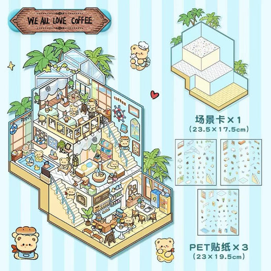 3-Story Grand Buildings 5.0 – Animal Business Simulation Stickers Scene – 4 Themes: Bear Coffee | Panda Preschool | Capybara Game | Bunny Castle