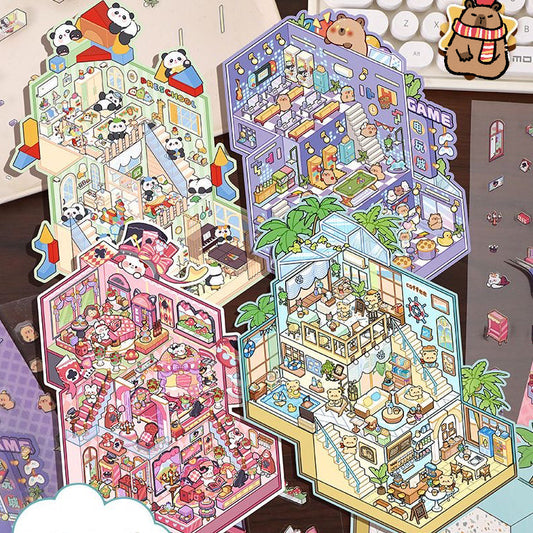 3-Story Grand Buildings 5.0 – Animal Business Simulation Stickers Scene – 4 Themes: Bear Coffee | Panda Preschool | Capybara Game | Bunny Castle