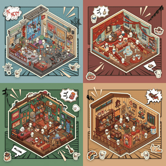 Whimsical Journey with the Cute Sheep – 3D Miniature Scene Stickers – 4 Theme Sets: Gym Case | Masquerade Ball | Magic Shop | Scream Dollhouse