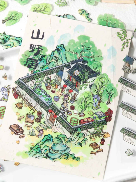 Traditional Chinese Ink Painting Style – 4 Seasons Cottage 3D Stickers Scene - 4 Theme Sets: Spring Peach Blossoms | Summer Mountain | Autumn Forest | Winter Snow - SNSEASY