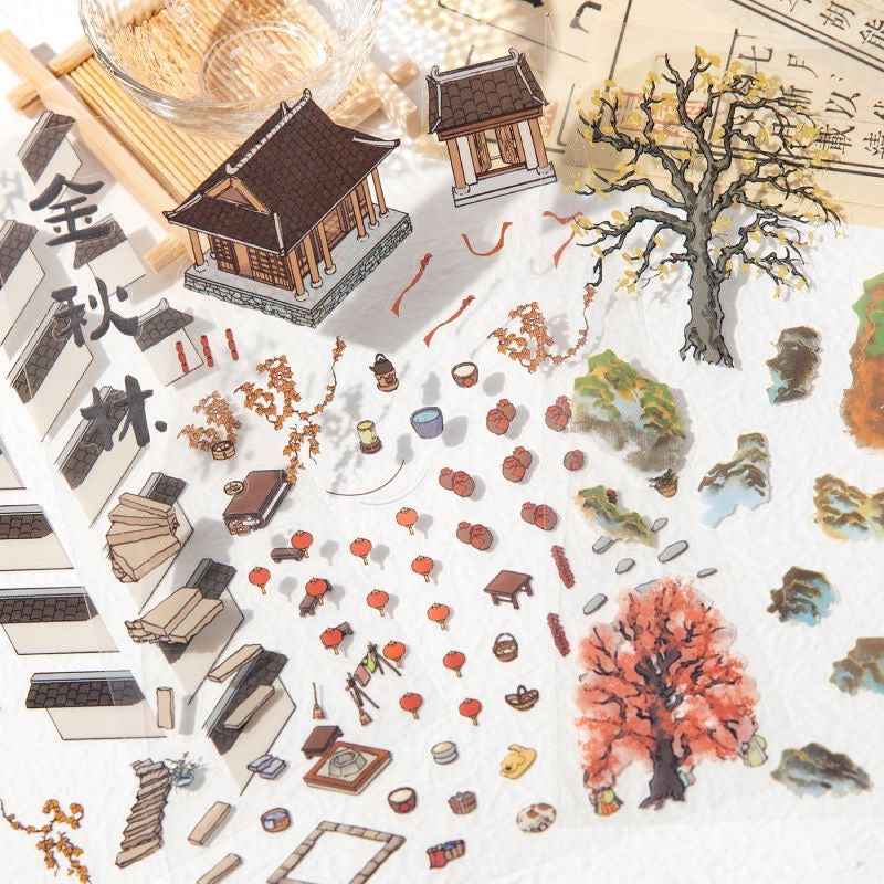 Traditional Chinese Ink Painting Style – 4 Seasons Cottage 3D Stickers Scene - 4 Theme Sets: Spring Peach Blossoms | Summer Mountain | Autumn Forest | Winter Snow - SNSEASY