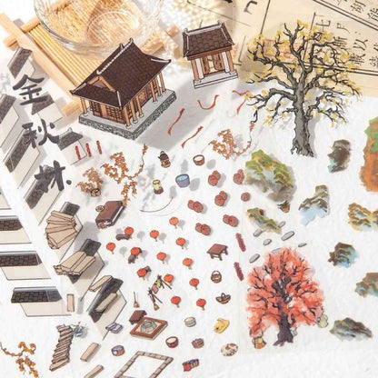 Traditional Chinese Ink Painting Style – 4 Seasons Cottage 3D Stickers Scene - 4 Theme Sets: Spring Peach Blossoms | Summer Mountain | Autumn Forest | Winter Snow - SNSEASY