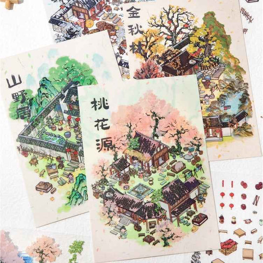 Traditional Chinese Ink Painting Style – 4 Seasons Cottage 3D Stickers Scene - 4 Theme Sets: Spring Peach Blossoms | Summer Mountain | Autumn Forest | Winter Snow - SNSEASY