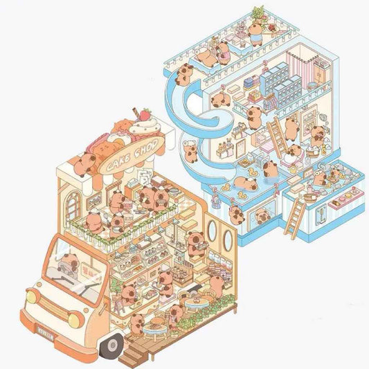 Capybara Holiday Leisure – 3D Sticker Scenes - 2 Theme Sets: Cake Bus | Hot Spring - SNSEASY