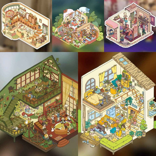 Dream House – 3D Sticker Scenes - 5 Theme Sets: Tree House | Wooden House | Vintage Clothing | Cozy House | Happy House - SNSEASY