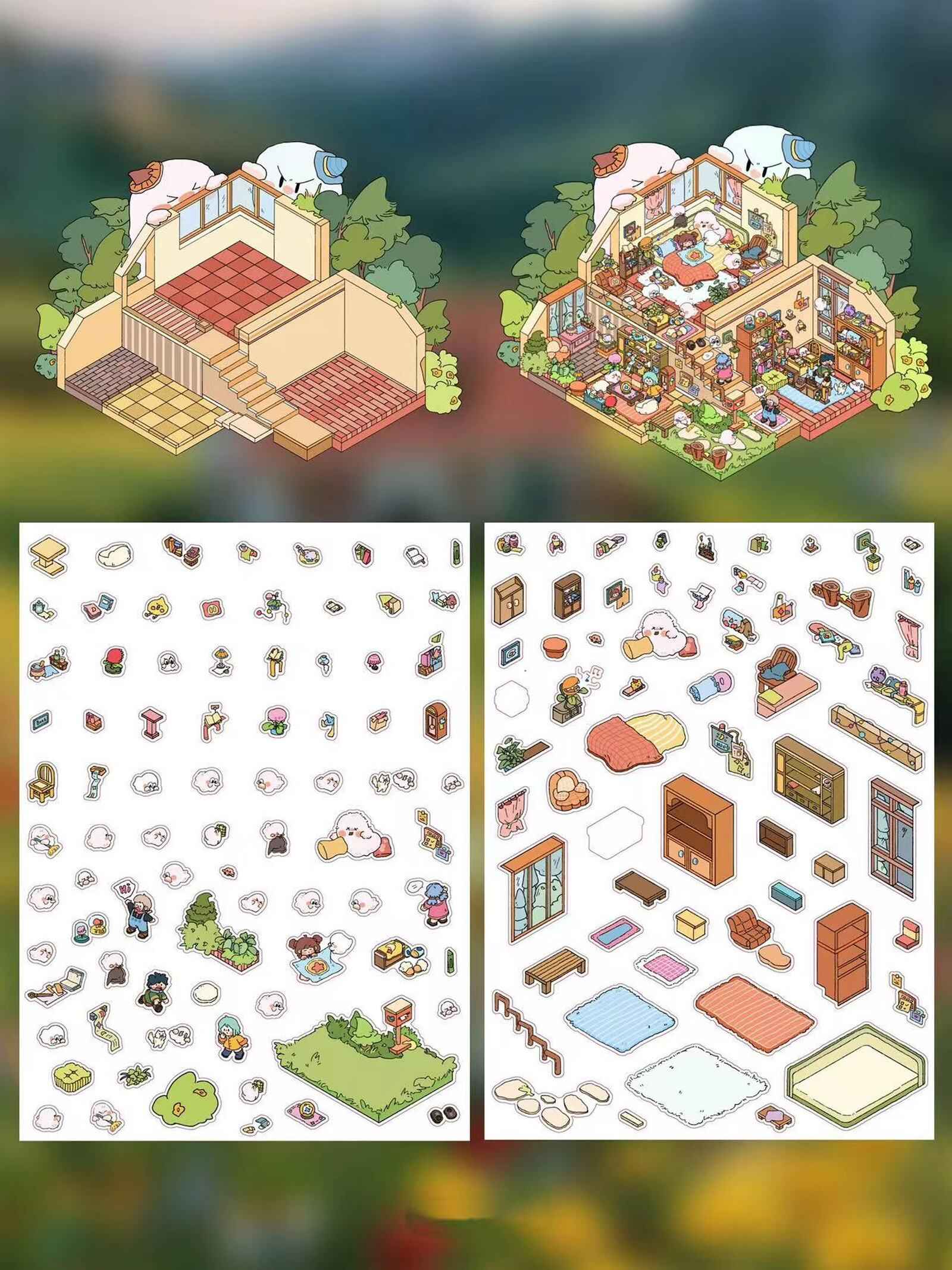 Dream House – 3D Sticker Scenes - 5 Theme Sets: Tree House | Wooden House | Vintage Clothing | Cozy House | Happy House - SNSEASY
