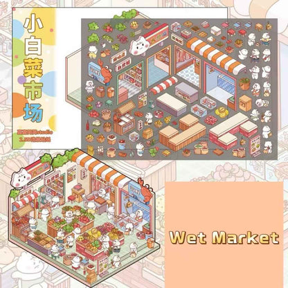 Migi's Dream Town – 3D Sticker Scenes - 6 Theme Sets: Hot Springs | Detective Agency | Western Tavern | Alice's Flower Shop | Wet Market | Hospital - SNSEASY