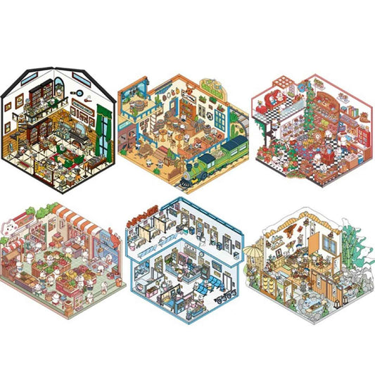 Migi's Dream Town – 3D Sticker Scenes - 6 Theme Sets: Hot Springs | Detective Agency | Western Tavern | Alice's Flower Shop | Wet Market | Hospital - SNSEASY