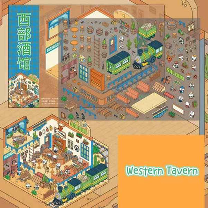 Migi's Dream Town – 3D Sticker Scenes - 6 Theme Sets: Hot Springs | Detective Agency | Western Tavern | Alice's Flower Shop | Wet Market | Hospital - SNSEASY