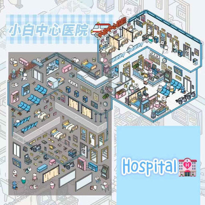 Migi's Dream Town – 3D Sticker Scenes - 6 Theme Sets: Hot Springs | Detective Agency | Western Tavern | Alice's Flower Shop | Wet Market | Hospital - SNSEASY