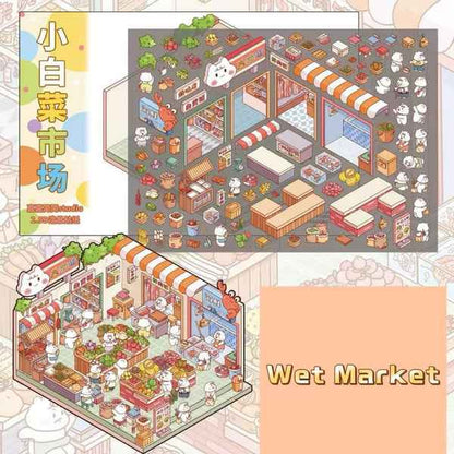 Migi's Dream Town – 3D Sticker Scenes - 6 Theme Sets: Hot Springs | Detective Agency | Western Tavern | Alice's Flower Shop | Wet Market | Hospital - SNSEASY