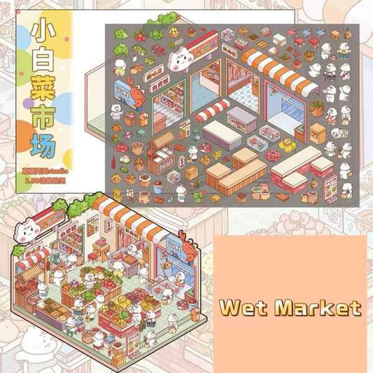 Migi's Dream Town – 3D Sticker Scenes - 6 Theme Sets: Hot Springs | Detective Agency | Western Tavern | Alice's Flower Shop | Wet Market | Hospital - SNSEASY