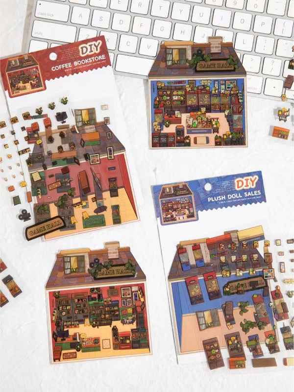 Retro Arcade – 3D Sticker Scenes - 2 Theme Sets: Game Hall | Bookstore - SNSEASY