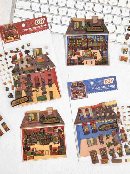 Retro Arcade – 3D Sticker Scenes - 2 Theme Sets: Game Hall | Bookstore - SNSEASY