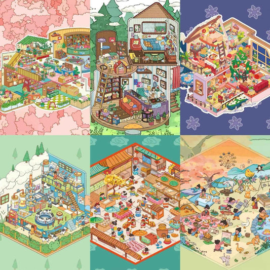 Childhood Dream World – 3D Sticker Scenes - 6 Theme Sets: Tree House | Treehouse Store | Christmas House | Milk Factory | Temple Fair | Autumn Outing - SNSEASY