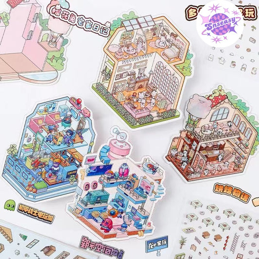 Dream Game Life Simulation – 3D Sticker Scenes &#8211; 8 Theme Sets 3-Story Amusement Park Baking Story Bunny Home Space Station Panda Dumpling Shop Mecha Warrior Arcade Goose (1)