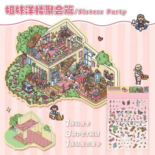 The Best Friends Party – 3D Sticker Scenes - 4 Theme Sets: Sisters Party | Study Party | Birthday Party | Villa Party - SNSEASY