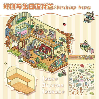 The Best Friends Party – 3D Sticker Scenes - 4 Theme Sets: Sisters Party | Study Party | Birthday Party | Villa Party - SNSEASY