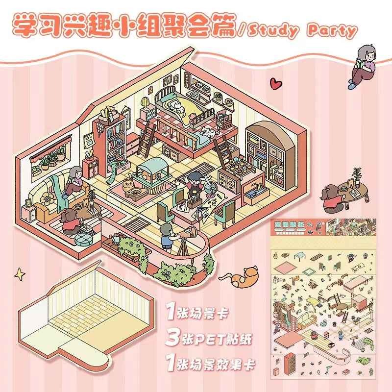 The Best Friends Party – 3D Sticker Scenes - 4 Theme Sets: Sisters Party | Study Party | Birthday Party | Villa Party - SNSEASY