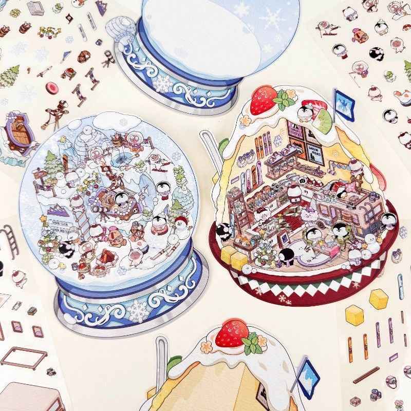 Cute Animal Gifts – 3D Sticker Scenes - 4 Theme Sets: Panda Flower Gift Box | Penguin Ice Cream Kitchen | Crystal Ball Amusement Park | Monet Painting Box - SNSEASY