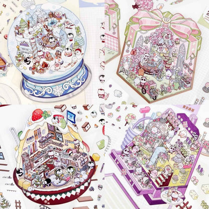 Cute Animal Gifts – 3D Sticker Scenes - 4 Theme Sets: Panda Flower Gift Box | Penguin Ice Cream Kitchen | Crystal Ball Amusement Park | Monet Painting Box - SNSEASY