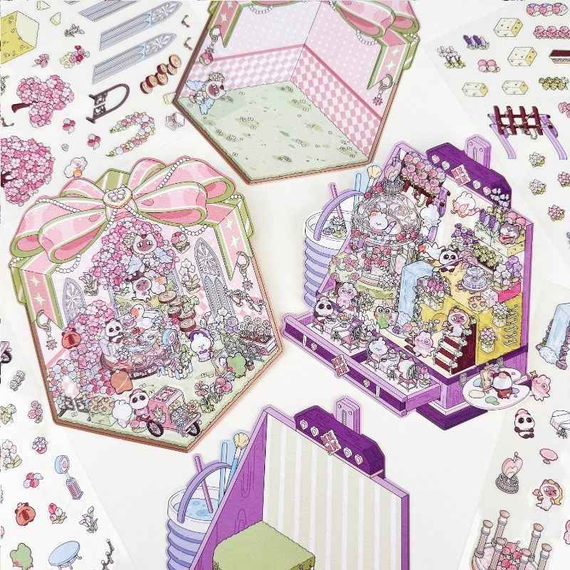 Cute Animal Gifts – 3D Sticker Scenes - 4 Theme Sets: Panda Flower Gift Box | Penguin Ice Cream Kitchen | Crystal Ball Amusement Park | Monet Painting Box - SNSEASY