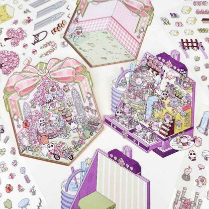 Cute Animal Gifts – 3D Sticker Scenes - 4 Theme Sets: Panda Flower Gift Box | Penguin Ice Cream Kitchen | Crystal Ball Amusement Park | Monet Painting Box - SNSEASY