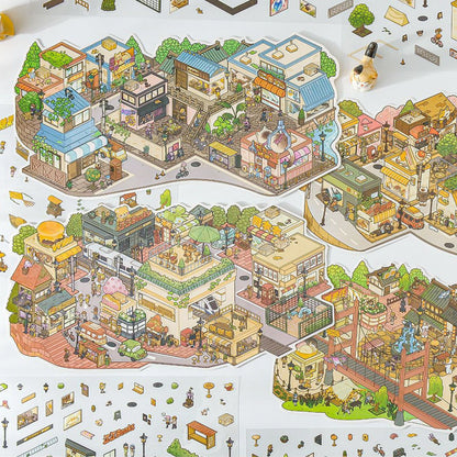 Relaxing Town – 3D Miniature Scene Stickers (Plus Size, Connectable) – 4 Theme Sets: Dockside Town | Red Brick Square | Shopping Street | Crossroads
