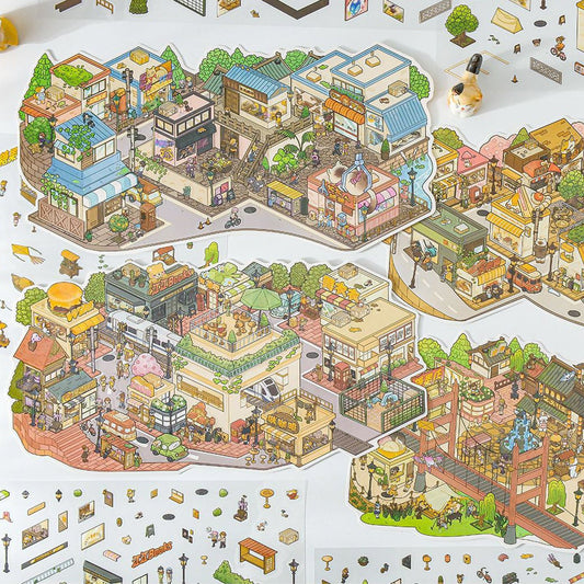 Relaxing Town – 3D Miniature Scene Stickers (Plus Size, Connectable) – 4 Theme Sets: Dockside Town | Red Brick Square | Shopping Street | Crossroads