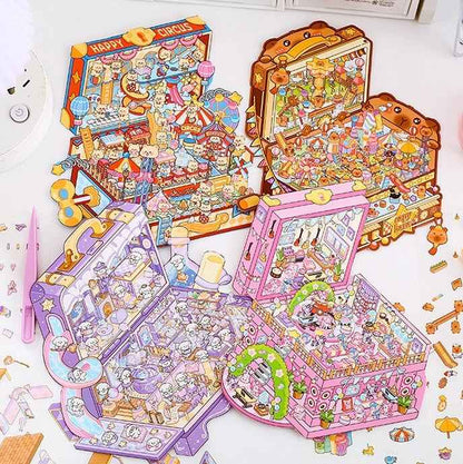 Magical Realm 3.0 Plus A4 Size – Cute Animal’s Boxed World 3D Sticker Scenes - 4 Theme Sets: My Little Pony Music Party | Bear Happy Circus | Capybara Amusement Park | Dog Magic House - SNSEASY